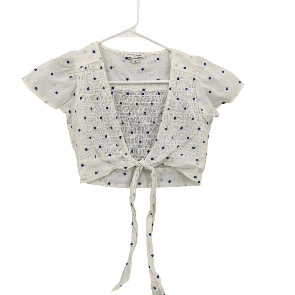 American Eagle White Blue Polka Dot Smocked Tie Front Sheer Crop Top Womens XS